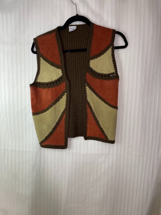 Jackets & Blazers - Vintage Genuine Suede Patchwork Sweater Vest Brown Tan Rust Orange Crochet Trim